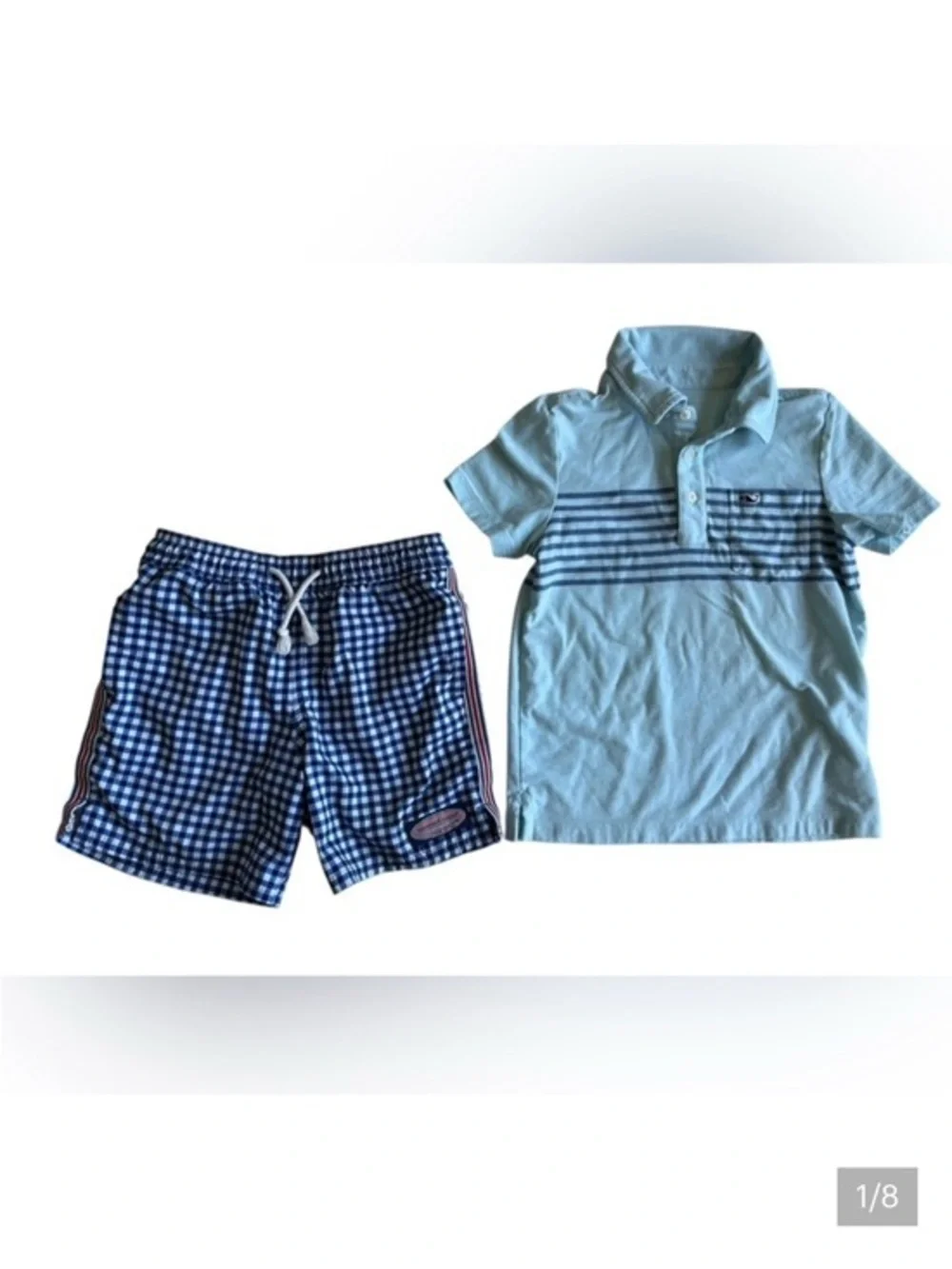 Vineyard Vines Light Blue Polo & Navy Gingham Swim Trunks
